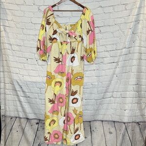 Bel Kazan Yellow & Pink Floral Jumpsuit with Puff Sleeves Size Medium